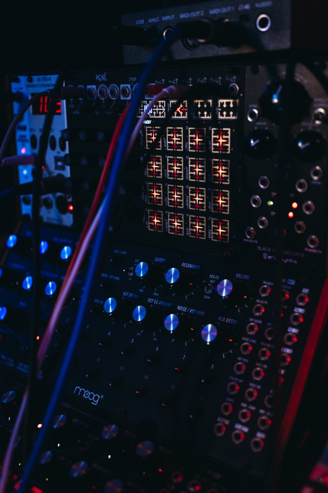 Modular synthesizer in blue light